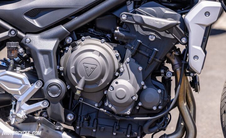 2021 triumph trident review first ride, The crash protector with the Triumph logo is an accessory item