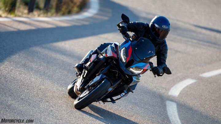 BMW tells us the flatter wider handlebar give the M a 53.3% forward weight bias, that’s 1% over the S model.
