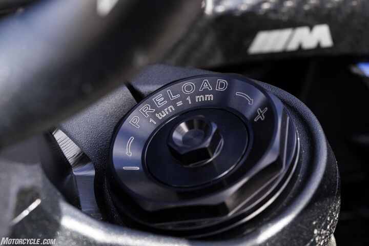 The electronic Marzocchi fork handles all the damping electronically in the left leg while preload is adjusted in the right.