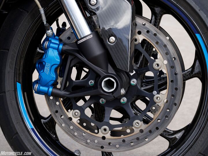 The Nissin-made M brakes from BMW get the job done just fine on this hot rod.