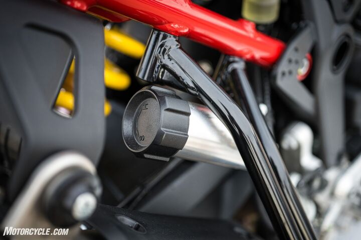 Adding a bit of preload to the shock helped balance the bike out for me, but the fact the convenient remote preload adjuster is bolted to the removable passenger foot peg doesn’t make much sense. But don’t worry, Ducati informed me that there will be an accessory in the catalog to relocate it to the frame.