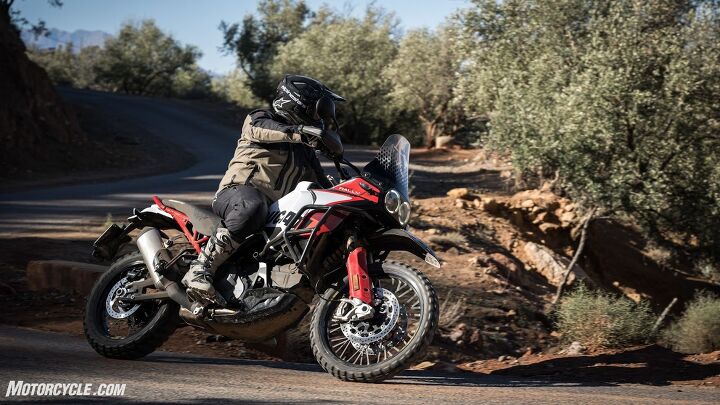 For the little bit of pavement we sampled, the suspension also seemed to hold up well without as much fork dive as one might expect from a bike with nearly 10 inches of travel. Desmo services are every 18,000 miles with 9,000 recommended between oil changes.