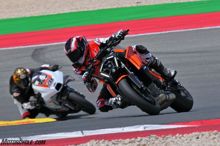 I fully expected the Super Duke to walk away from the RC8c on the front straight. It did not.