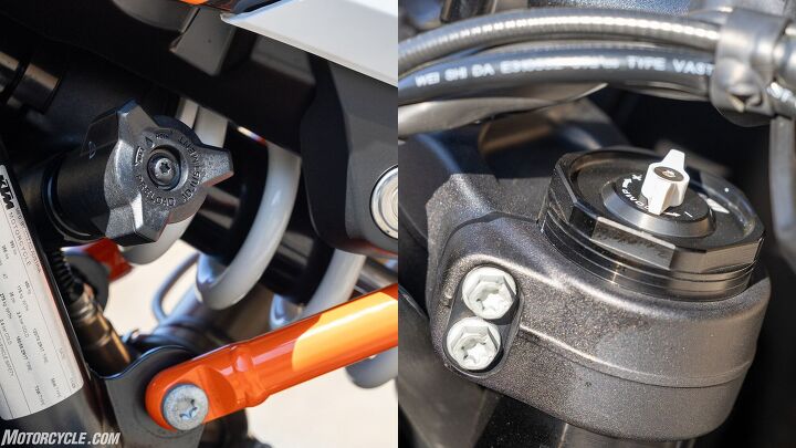 The adjustable suspension is highlighted by the easy-to-reach preload adjuster for the shock (left) and the knobs atop the fork.
