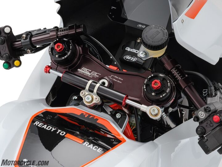 Adjustability is everywhere on the RC8c, including the hash marks on the bars to indicate how far or how close the bars are. More marks are located on the triple clamp, above the fork stanchions, to denote the angle of the bars as well. Note the GPS unit beneath the AiM dash to collect lap times.