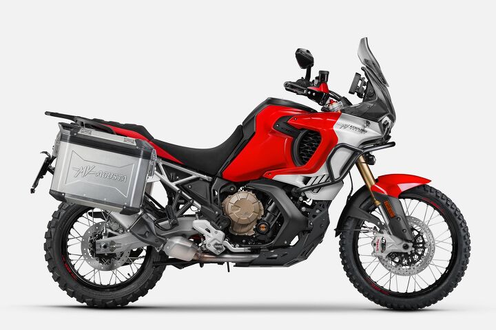 2024 mv agusta enduro veloce first look, The MV Agusta Enduro Veloce shown here with accessory crash bars panniers and Bridgestone Battlax AX41 tires