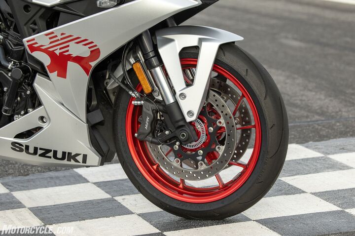 The 8R uses Showa suspension instead of KYB on the 8S. Otherwise, the Nissin radial calipers and 310mm discs are the same. Apart from the budget suspension, other cost cutting measures include an axial master cylinder instead of a radial one, and rubber lines instead of steel. This color is the Metallic Matte Sword Silver and is the third of three color options available. 