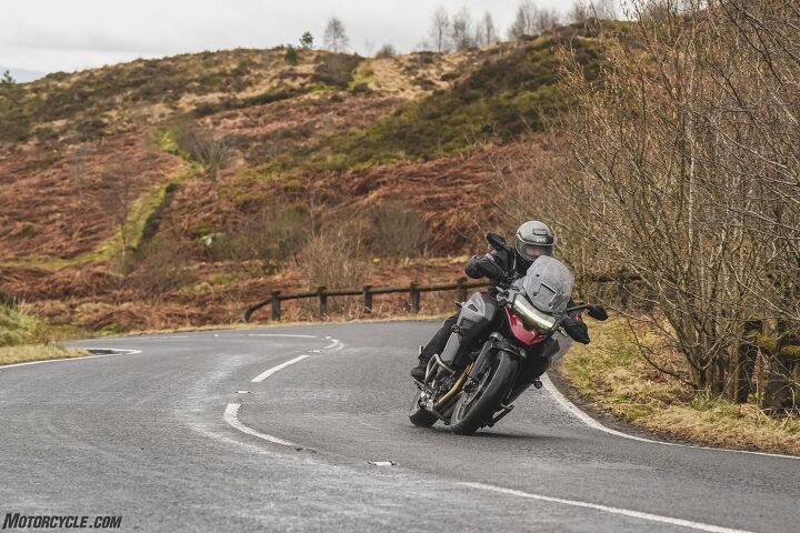 While we were never in conditions that would constitute peg-scraping lean angle, Triumph tells us the GT model’s footpegs have been moved further up and inward for more clearance when cornering.