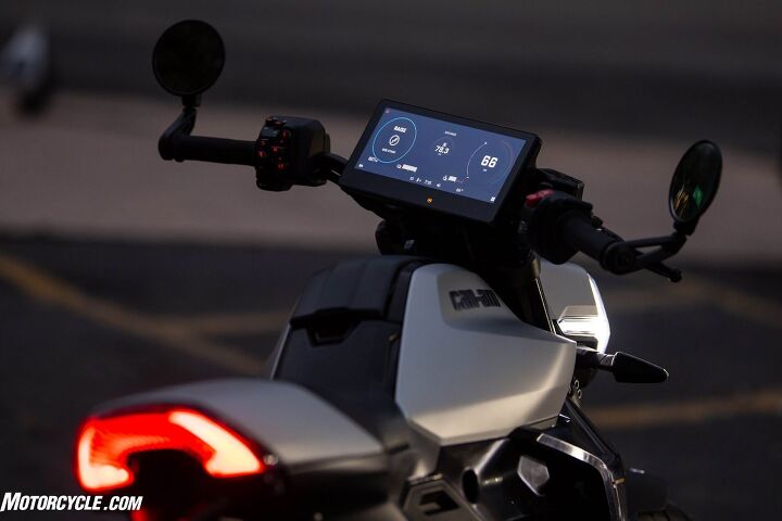 Handlebar controls are backlit, a nice touch. The extra-large 10.25" touchscreen display is nice in that you're not looking at a crowded little screen. The right side can be configured numerous ways, but the best one we found was the display that shows your estimated miles left, using an algorithm that examines your previous riding habits.