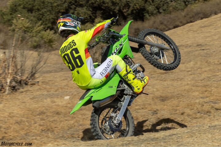Axell "Slay" Hodges clearly wheelie enjoyed ripping the KLX230R around the MX track.
