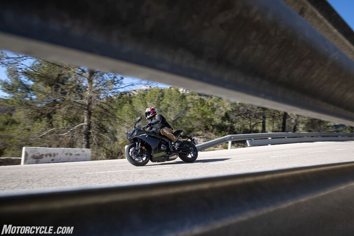 It may not seem like it from photos, but the Daytona’s riding position places more weight on the rider’s wrists than Triumph would lead you to believe. It’s far from a supersport, but some rivals in this class have placed a greater emphasis on comfort through higher bars.