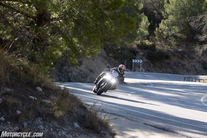 A relatively heavy bike with budget suspension will get tested on sinuous strips of road like this. The Daytona surprises with its agility, and you really have to be riding at a serious clip to reach the suspension’s limits.
