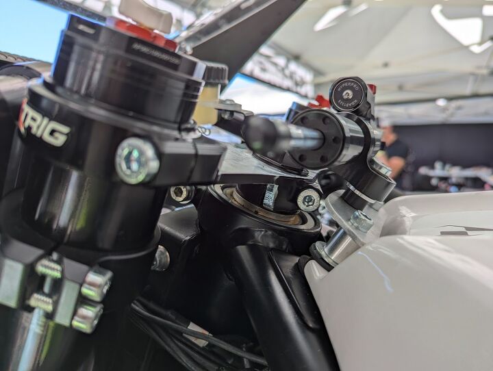 This angle gives another view of how thin the triple clamp became after machining. In later tests after this event took place, Krämer test riders experimented with a thinner bottom triple clamp too – also with favorable results. Expect a more polished version on the production bike.