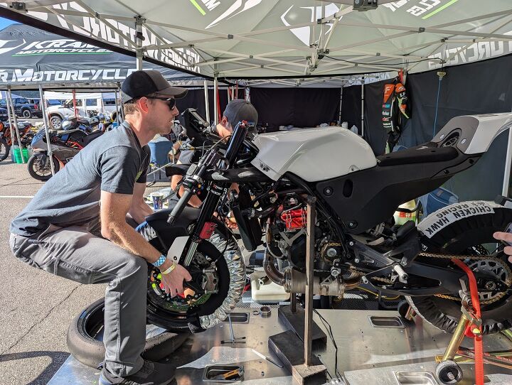 Krämer Joe and Felix Richter (behind the bike) tore the front end apart multiple times trying to get me more comfortable with the Dunlop tires.