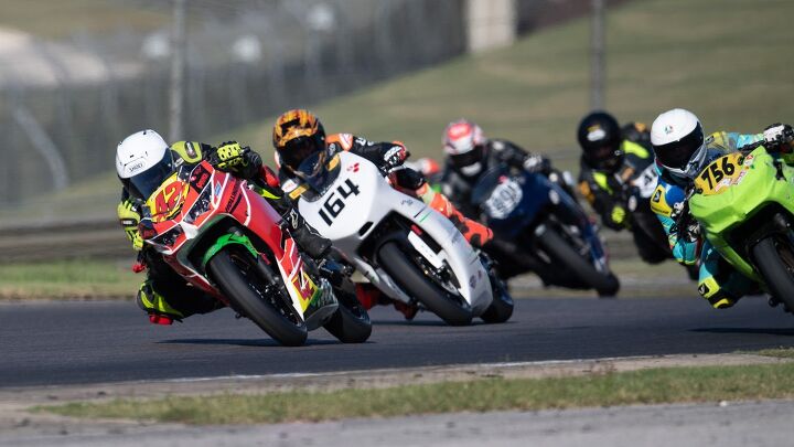 I wasted no time getting settled in amongst the Ninja 400s. Here, Jonathan Hollingsworth (42) leads the way while Salvador Valdes (756) and I go side by side. The Kramer handled better, but the Kawasakis had more punch in their engines than I was expecting.