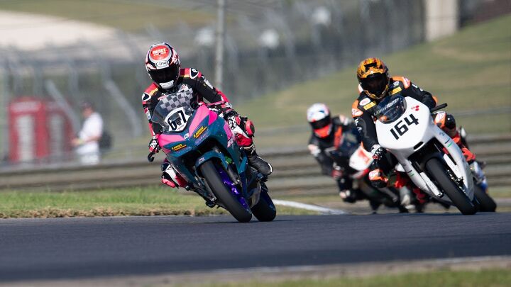 Another great benchmark would be rising star Mikayla Moore, the two-time champion of the MotoAmerica Royal Enfield Build. Train. Race. series, seen here on another Kawasaki Ninja 400. Drew Jankford is languishing behind.