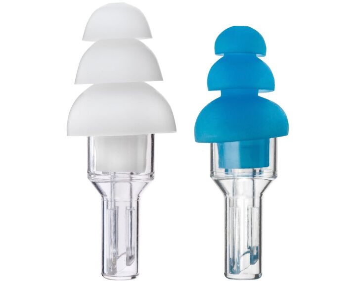 motorcycles and hearing loss, Flanged earplugs like these from Etymotic Research attenuate the sound with a flat frequency response for quieter but still natural sound Large ear canals are accommodated by the white plug and small average sized require the blue for a proper fit